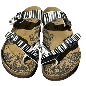 Calceo Sandals 42 Black Ivory Piano Keys Strappy Slip On Flat Shoes Artsy Boho